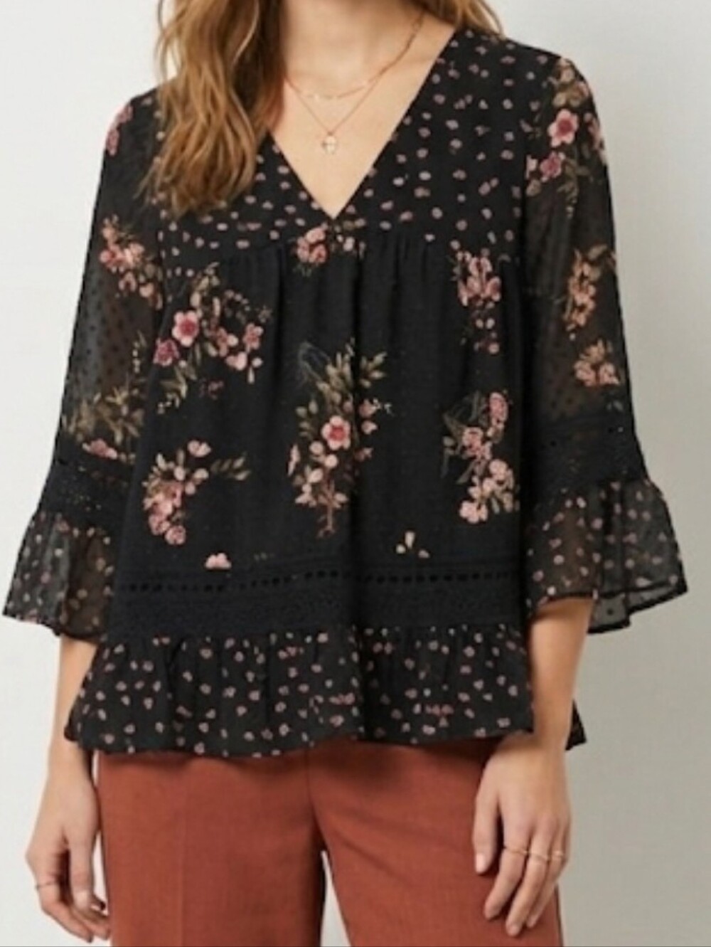 Maeve by Anthropologie Women Boho Black Floral Lace Trim Bell Sleeve Top Small